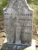 
Willie H. ZOLLNER,
born 11 Jan 1904,
died 25 March 1904;
Dugandan Trinity Lutheran cemetery, Boonah Shire
