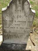 Ena A. ZOLLNER,
born 7 Jan 1907,
died 3 May 1907;
Dugandan Trinity Lutheran cemetery, Boonah Shire
