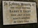 
Barry R. EBERT,
brother,
died 31 July 1943 aged 2 months;
Dugandan Trinity Lutheran cemetery, Boonah Shire
