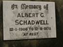 Albert G. SCHADWELL, 12-1-1900 - 12-11-1978; Dugandan Trinity Lutheran cemetery, Boonah Shire 