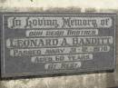 Leonard A. BANDITT, brother, died 31-12-1978 aged 68 years; Dugandan Trinity Lutheran cemetery, Boonah Shire 