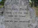 Otto Carl ZOLNER, died 27 Feb 1921 aged 22 years; Dugandan Trinity Lutheran cemetery, Boonah Shire 
