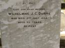 Wilhelm Friedrich August DURRE,
died 23 Sept 1924 aged 74 years;
Wilhelmine J.C. DURRE,
mother,
died 2 July 1950 aged 92 years;
Dugandan Trinity Lutheran cemetery, Boonah Shire