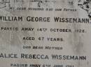 William George WISSEMANN,
husband father,
died 14 Oct 1928 aged 47 years;
Alice Rebecca WISSEMANN,
died 6 June 1961 aged 74 years;
Dugandan Trinity Lutheran cemetery, Boonah Shire