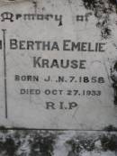 Michael Christian KRAUSE,
born 4 Sept 1853,
died 16 May 1931;
Bertha Emelie KRAUSE,
born 7 Jan 1858,
died 27 Oct 1933;
Dugandan Trinity Lutheran cemetery, Boonah Shire