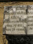 Alvenia Frances KREY,
killed by motorcar 1 April 1932 aged 39 years;
Allvine C.O. KREY,
born 16 Oct 1851,
died 29 July 1943 aged 91 years 9 months;
Dugandan Trinity Lutheran cemetery, Boonah Shire