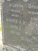 
Auguste A.W. SCHULZ,
mother,
1861 - 1941;
Johann W.M. SCHULZ,
husband father,
1857 - 1933;
Dugandan Trinity Lutheran cemetery, Boonah Shire
