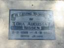 
Ora Augusta NISSEN,
2-2-1919 - 4-9-1993;
Dugandan Trinity Lutheran cemetery, Boonah Shire
