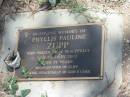 Phyllis Pauline ZUPP,
died 31 Jan 2002 aged 75 years,
wife of Cliff;
Dugandan Trinity Lutheran cemetery, Boonah Shire