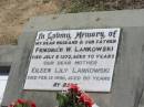 Friedrich W. LANKOWSKI,
husband father,
died 6 July 1970 aged 70 years;
Eileen Lily LANKOWSKI,
mother,
died 12 Feb 1996 aged 80 years;
Dugandan Trinity Lutheran cemetery, Boonah Shire