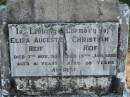 
Eliza Augusta REIF,
died 7 Nov 1956 aged 81 years;
Christian REIF,
died 15 Jan 1958 aged 89 years;
Dugandan Trinity Lutheran cemetery, Boonah Shire
