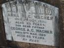 Anna H.E. WAGNER,
wife mother,
died 2 Oct 1951 aged 65 years;
George A.G. WAGNER,
father,
died 11 March 1969 aged 85 years;
Dugandan Trinity Lutheran cemetery, Boonah Shire