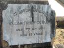 William Frederick BLUM, died 17 Sept 1941 aged 83 years; Dugandan Trinity Lutheran cemetery, Boonah Shire 