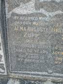 Alma Auguste ZUPP,
wife mother,
died 1 Aug 1949 aged 52 years;
Ferdinand Gustav ZUPP,
father,
died 4 Jan 1974 aged 87 years;
Dugandan Trinity Lutheran cemetery, Boonah Shire