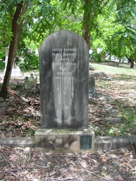 Joseph SANDERS;  | Fanny SANDERS;  | Joseph;  | Albert Harold;  | Mary;  | Dorothy;  | John James;  | Emily, wife of Arch P Sanders, who passed away 6 May 1949 aged 82 years;  | Archie d 16 Dec 1953 aged 79 years;  | Dutton Park/South Brisbane cemetery  | 