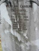 
Wilhelmine Caroline CHRISTOFFEL (geb DRAEGER)
geb 16 May 1829, gest 11 Jun 1899
Eagleby Cemetery, Gold Coast City
