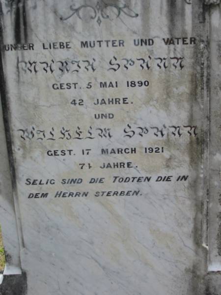 Maria SPANN  | 5 May 1890, aged 42  | Wilhelm SPANN  | 17 Mar 1921, aged 74  | Eagleby Cemetery, Gold Coast City  | 