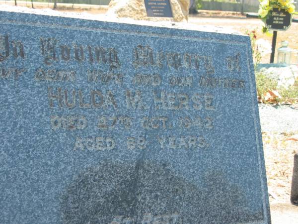 Hulda M HERSE  | 27 Oct 1942, aged 69  | Eagleby Cemetery, Gold Coast City  | 