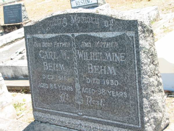 Carl W BEHM  | d: 1916, aged 84  | Wilhelmine BEHM  | d: 1930, aged 98  | Eagleby Cemetery, Gold Coast City  | 