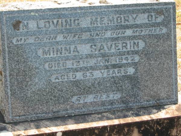 Minna SAVERIN  | 13 Jan 1942, aged 63  | Eagleby Cemetery, Gold Coast City  | 