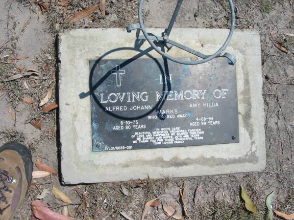 Alfred Johann MARKS  | 8 Oct 75, aged 80  | Amy Hilda MARKS  | 4 Aug 94, aged 99  | Eagleby Cemetery, Gold Coast City  | 