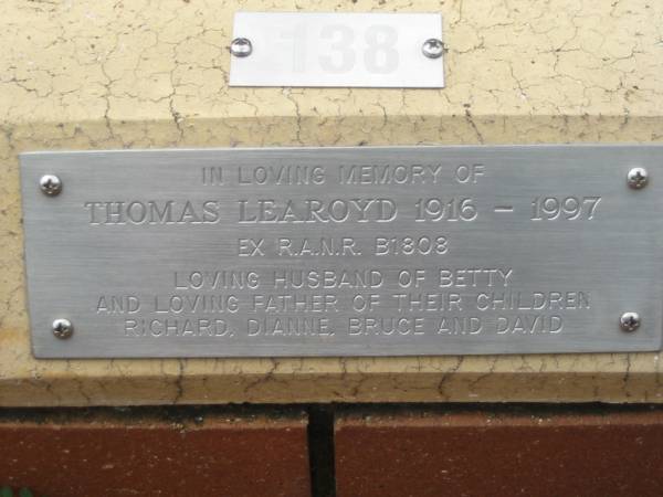 Thomas LEAROYD,  | 1916 - 1997,  | husband of Betty,  | father of Richard, Dianne, Bruce & David;  | St Luke's Anglican Church, Ekibin, Brisbane  | 