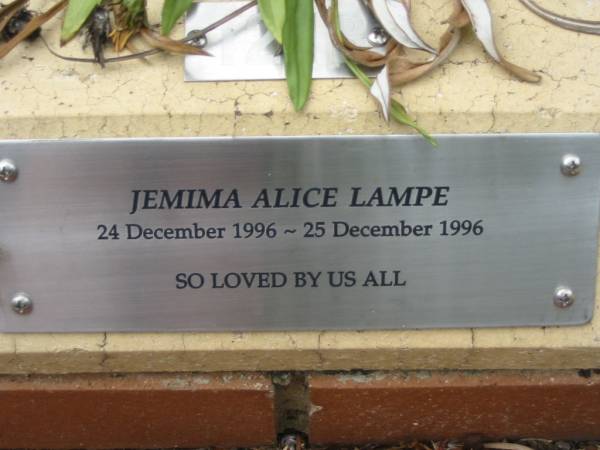 Jemima Alice LAMPE,  | 24 Dec 1996 - 25 Dec 1996;  | St Luke's Anglican Church, Ekibin, Brisbane  | 