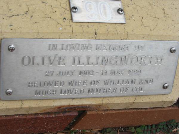 Olive ILLINGWORTH,  | 27 July 1902 - 14 May 1999,  | wife of William, mother of Col;  | St Luke's Anglican Church, Ekibin, Brisbane  | 