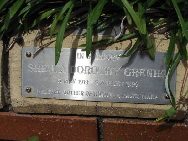 Sheila Dorothy GRENIER,  | 5 May 1919 - 5 Aug 1999,  | mother of Dorothy, David & Diana;  | St Luke's Anglican Church, Ekibin, Brisbane  | 