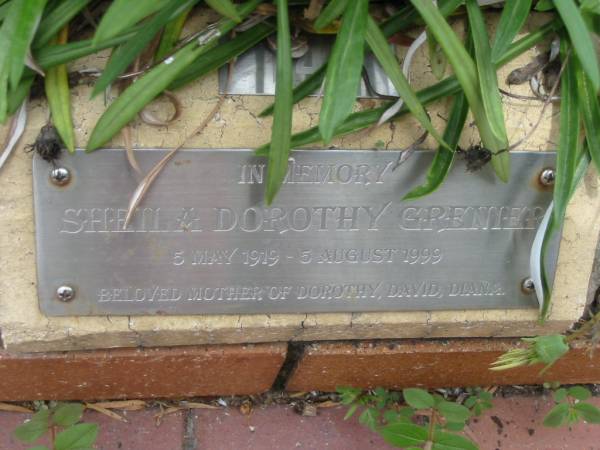 Sheila Dorothy GRENIER,  | 5 May 1919 - 5 Aug 1999,  | mother of Dorothy, David & Diana;  | St Luke's Anglican Church, Ekibin, Brisbane  | 