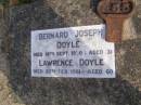 Bernard Joseph DOYLE, died 18 Sept 1930 aged 31 years; Lawrence DOYLE, died 24 Feb 1961 aged 60 years; Emu Creek cemetery, Crows Nest Shire 