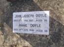 John Joseph DOYLE, died 27 Jan 1927 aged 56 years; Annie DOYLE, died 14 Apr 1939 aged 68 years; Emu Creek cemetery, Crows Nest Shire 