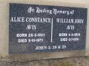 Alice Constance AVIS, born 28-5-1901 died 9-10-1971; William John AVIS, born 4-4-1906 died 9-7-1974; Emu Creek cemetery, Crows Nest Shire  
