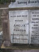 
George PARTON, husband father,
died 24 Jan 1927 aged 65 years;
Amelia PARTON, mother,
died 13 June 1950 aged 80 years;
Emu Creek cemetery, Crows Nest Shire

