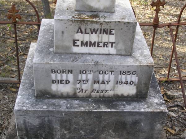 Alwine EMMERT,  | born 10 Oct 1856 died 7 May 1940;  | Emelie THIES,  | wife of W. THIES,  | born 20 Jan 1882 Toowoomba,  | died 20 Dec 1915 aged 33 years;  | Heinrich EMMERT, husband,  | born Zelasen 25 Sept 1854,  | died 1 Feb 1921 aged 66 years;  | Emu Creek cemetery, Crows Nest Shire  | 