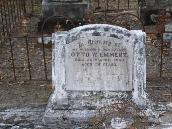 Otto W. EMMERT, husband father,  | died 28 April 1938 aged 58 years;  | Emily EMMERT, mother,  | died 31 July 1964 aged 83 years;  | Emu Creek cemetery, Crows Nest Shire  | 