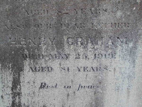 Jane GRAHAM, mother,  | died 4 March 1919 aged 82 years;  | Henry GRAHAM, father,  | died 25 May 1919 aged 81 years;  | Emu Creek cemetery, Crows Nest Shire  | 