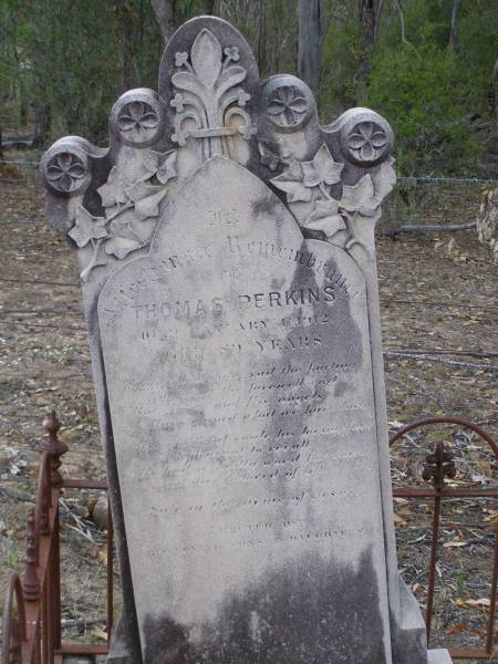 Thomas PERKINS,  | died 1 January 1912 aged 80 years;  | Emu Creek cemetery, Crows Nest Shire  | 