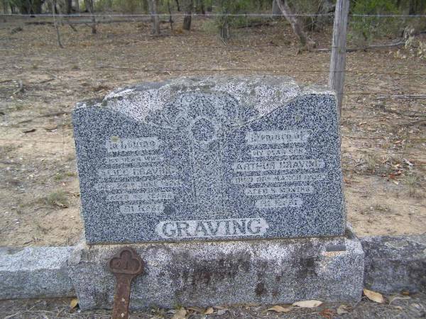 Alice GRAVING, wife,  | died 24 June 1925? aged 48 years;  | Arthur GRAVING, son,  | died 18 March 1935? aged 5 months;  | August GRAVING, father,  | died 12 Nov 1947 aged 78 years;  | Emu Creek cemetery, Crows Nest Shire  | 