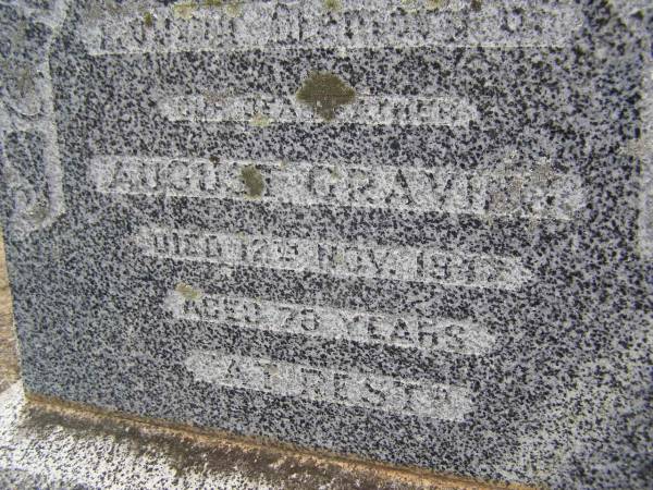 Alice GRAVING, wife,  | died 24 June 1925? aged 48 years;  | Arthur GRAVING, son,  | died 18 March 1935? aged 5 months;  | August GRAVING, father,  | died 12 Nov 1947 aged 78 years;  | Emu Creek cemetery, Crows Nest Shire  | 