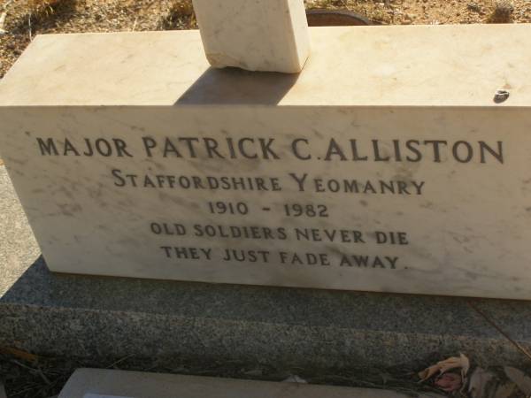 Major Patrick C. ALLISTON  | Staffordshire Yeomanry  | b: 1910  | d: 1982  |   | Sheila Mary ALLISTON  | b: Scotland 1917  | d: Perth 1996  |   | Exmouth Cemetery, WA  | 