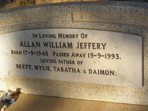 Allan William JEFFERY  | b: 17 Sep 1948  | d: 19 Sep 1993  | father of Brett, Mylie, Tabatha, Daimon  |   | Exmouth Cemetery, WA  |   | 