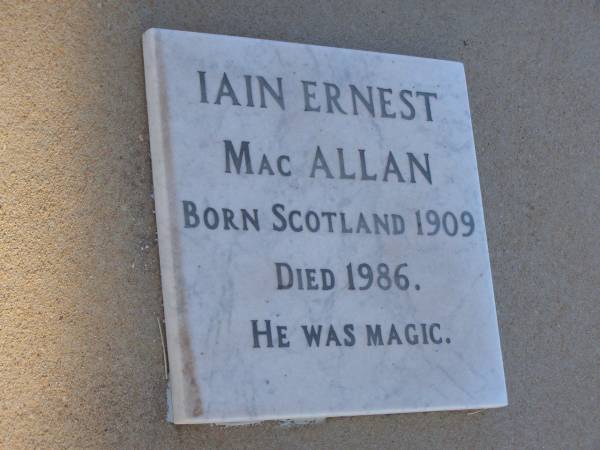 Iain Ernest MacALLAN  | b: Scotland 1909  | d: 1986  |   | Exmouth Cemetery, WA  |   |   | 