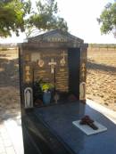 Eric KEOGH
b: 21 Aug 1913
d: 15 Sep 2007 aged 94
husband of Launa
pioneer
Bona Valley Kendenup
Launa KEOGH
b: 10 May 1917
d: 28 May 2002 aged 85
66 years of companionship
Exmouth Cemetery, WA