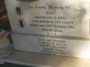 Dal (BRENNAN?) wife of John mother of Joy, Kaye d: 15 Dec 1982 aged 60  J.E. BRENNAN d: 9 Jul 1985 aged 62  Exmouth Cemetery, WA  