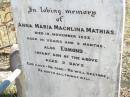 Anna Maria Machlina MATHIAS, died 13 Nov 1893 aged 19 years 9 months; Edmond, infant son, aged 2 days; Fernvale General Cemetery, Esk Shire 