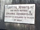 Johanna SUMMERVILLE, mother, died 15 Nov 1970 aged 75 years; Fernvale General Cemetery, Esk Shire 