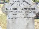 Gustine LAMPRECHT, born 26 Nov 1831 died 18 Nov 1908 aged 77 years; Ludwig LAMPRECHT, died 6 Aug 1917 aged 85 years; Fernvale General Cemetery, Esk Shire 