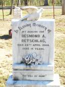 
Desmond A. RETSCHALG, son,
died 25 April 1944 aged 19 years;
Fernvale General Cemetery, Esk Shire
