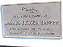 Rasmus Jorgen HANSEN, born 13-2-1835 died 23-5-1924; Fernvale General Cemetery, Esk Shire 